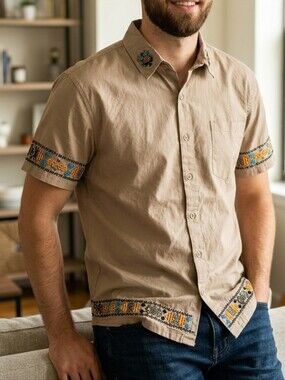 REASON Beige Short-Sleeve Button-Down Shirt with Embroidered Trim